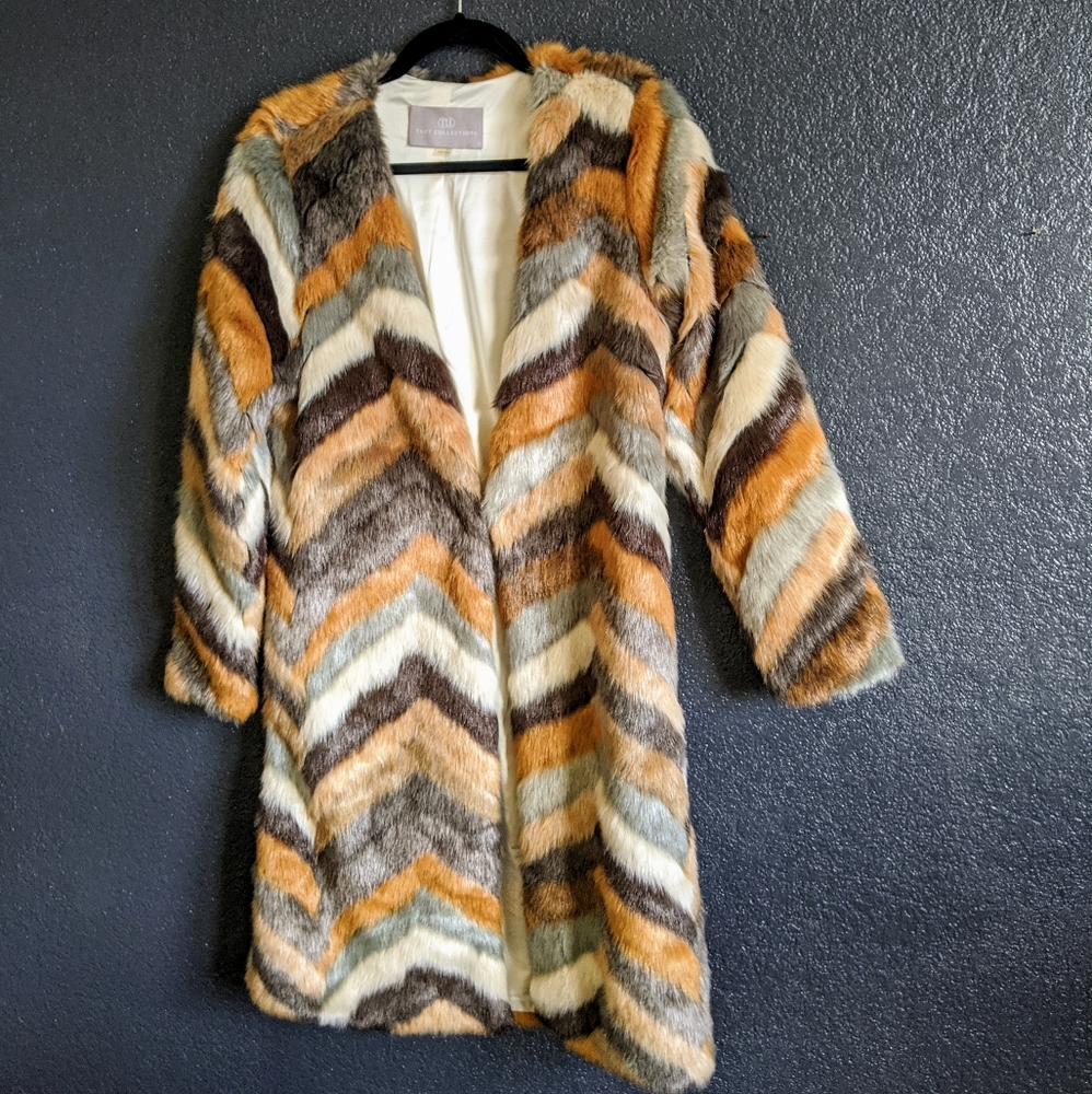 Tart Collections Chevron Faux Fur Coat in Orange, Brown, Cream, Gray